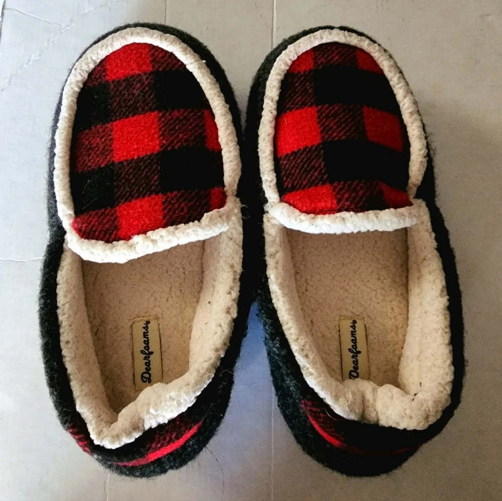Dearfoams size 2-3 Boys Girls Plaid Multi Fab Moccasins  Slippers